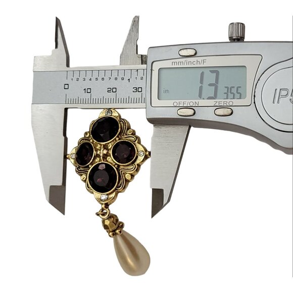 1928 Brand Red Glass Rhinestone Cross Pattern Faux Pearl Dangle Brooch, M854 - Picture 9 of 10